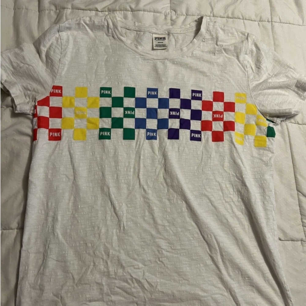 Victoria's Secret PINK Rainbow Pride T-Shirt Small Flag Checkerboard LGBTQ